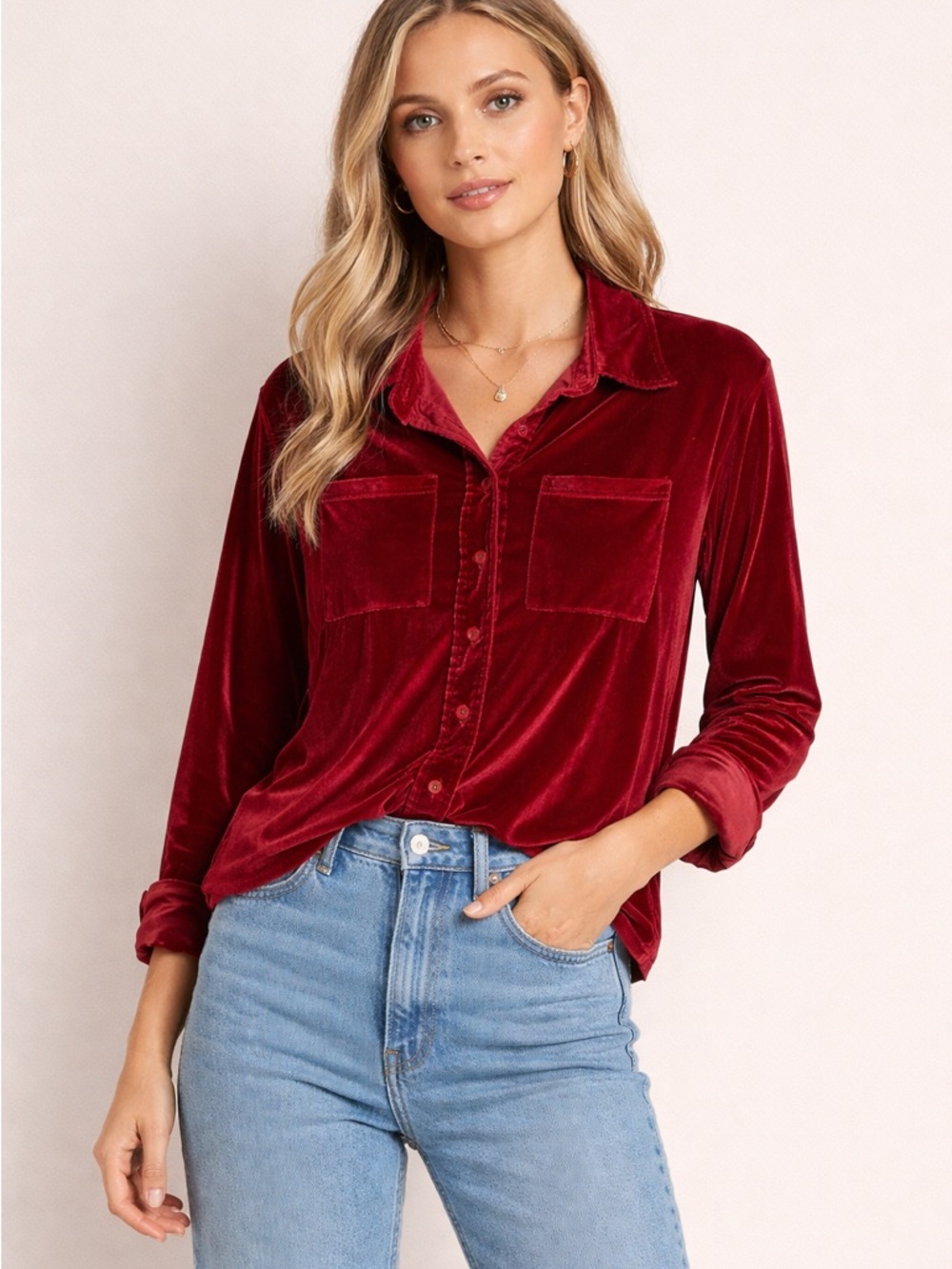 Red Velvet Top Womens Size XL Red Button Front Long Sleeve Stretch
